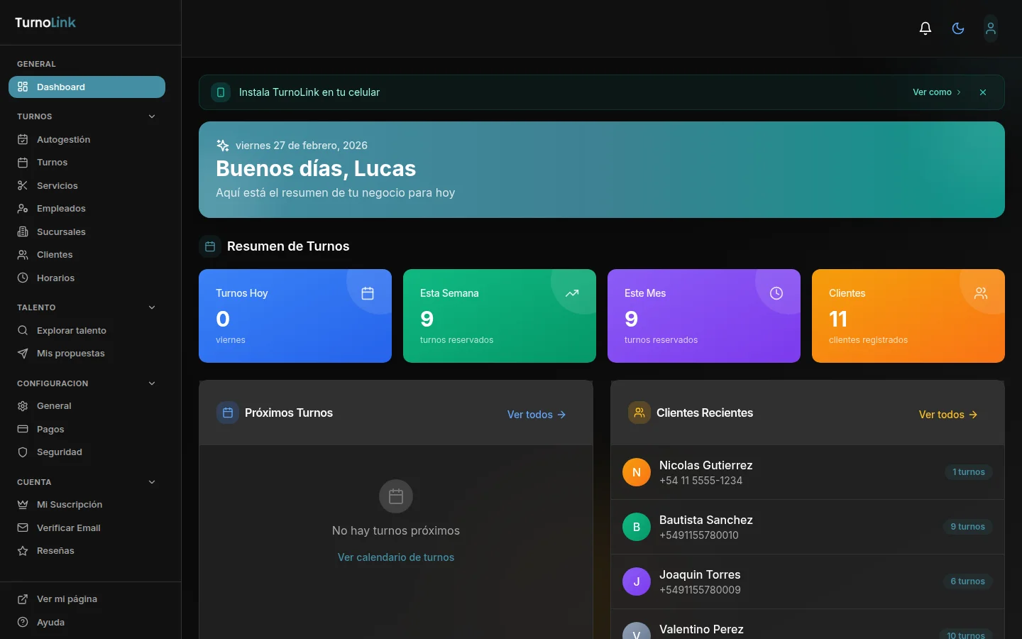 TurnoLink Dashboard — Panel de control de reservas