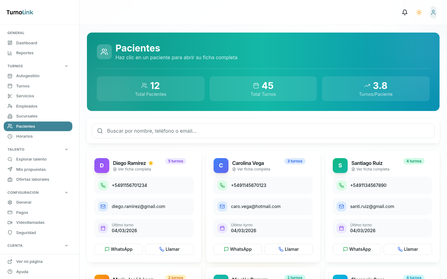 Lista de pacientes con fichas individuales, cantidad de turnos y datos de contacto rápidos