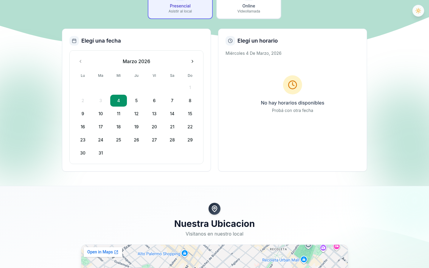 Calendario de reservas con selector de fecha y horarios disponibles para turnos de nutrición