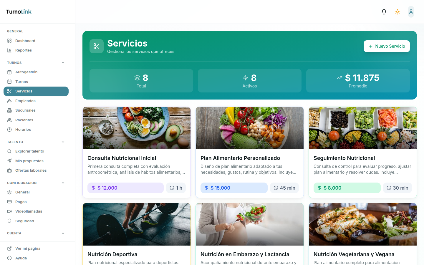 Servicios de nutrición configurados con fotos, precios y duración — 8 tipos de consulta