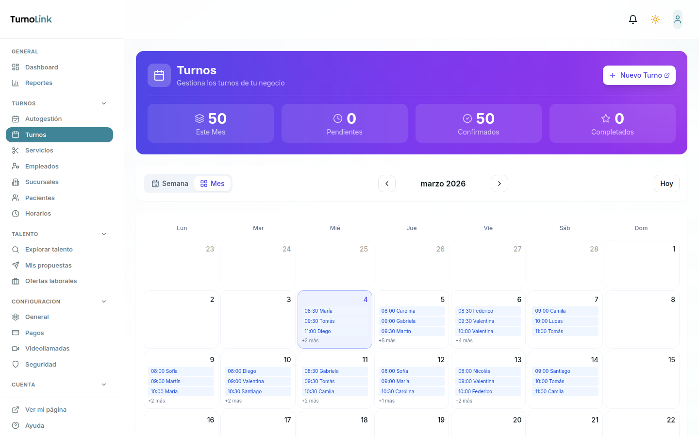 Vista mensual de la agenda con 50 turnos distribuidos en marzo