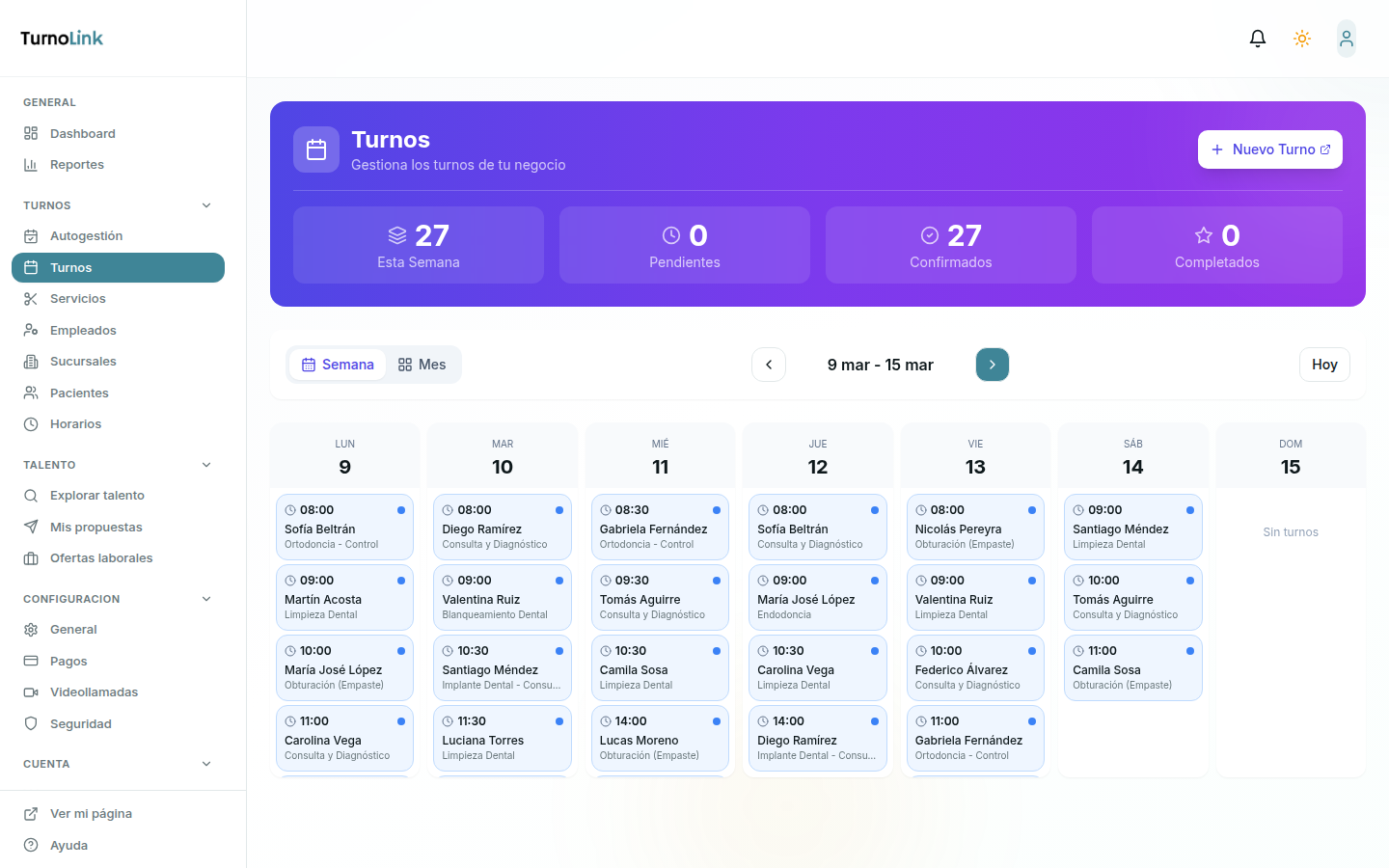 Agenda semanal del consultorio con 27 turnos distribuidos de lunes a sábado