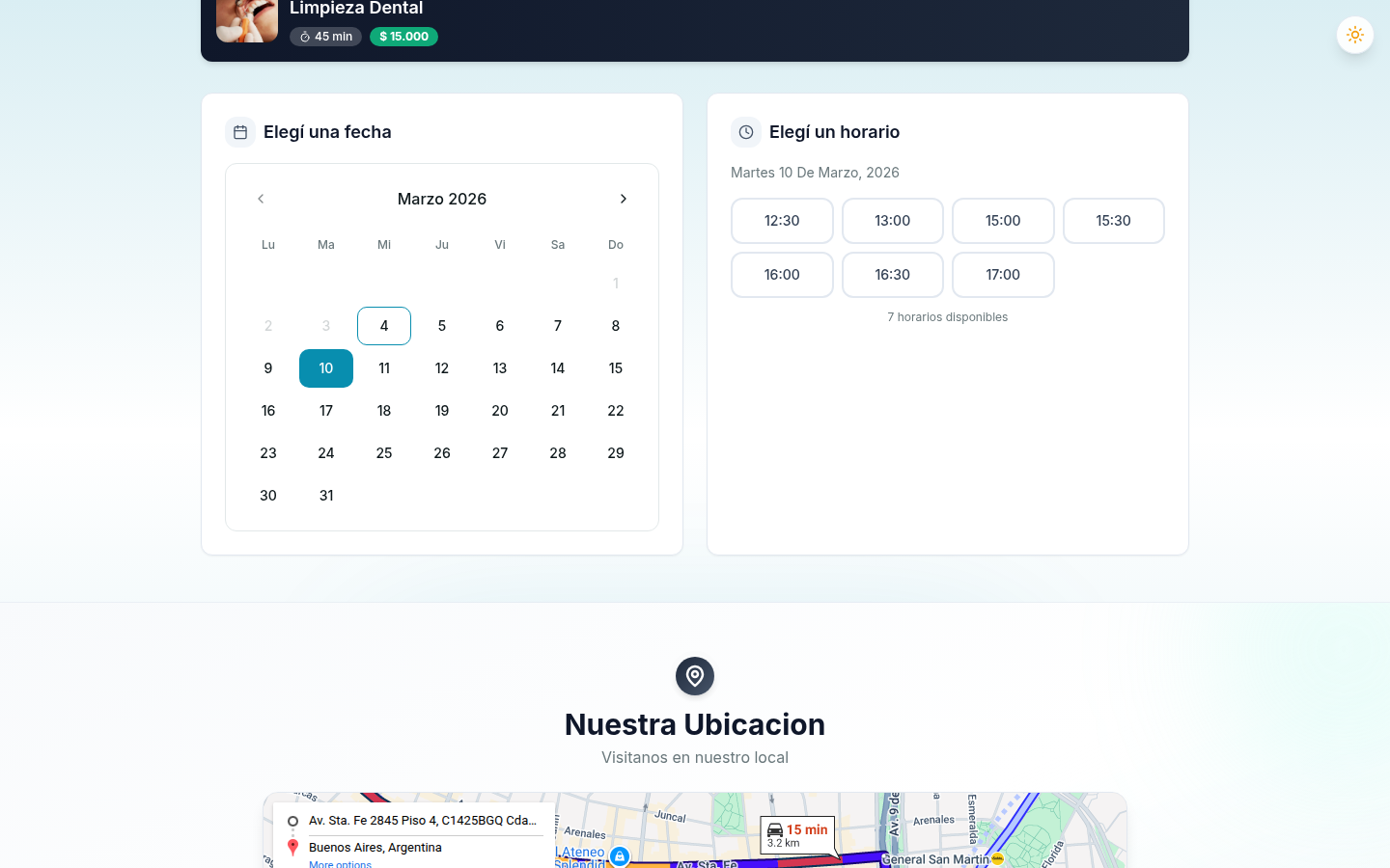 Calendario de reservas con fecha seleccionada y horarios disponibles mañana y tarde