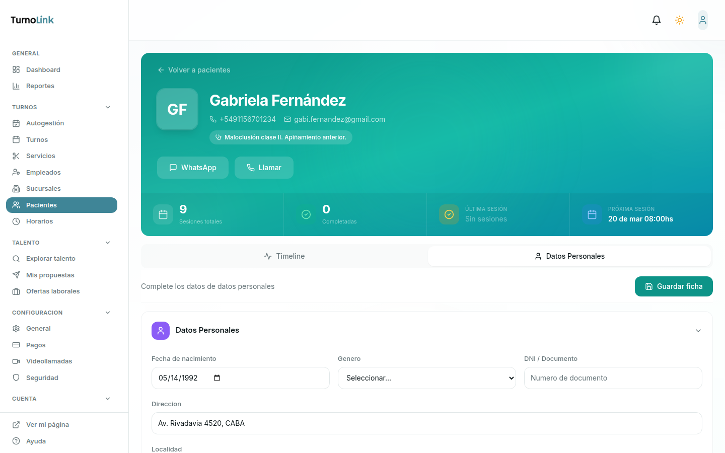Ficha del paciente con datos personales, obra social e historial odontológico