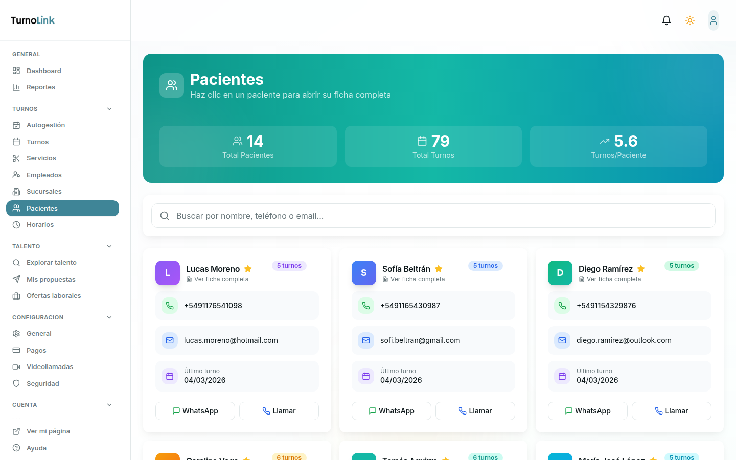 Directorio de pacientes dentales con datos de contacto, turnos y fichas clínicas