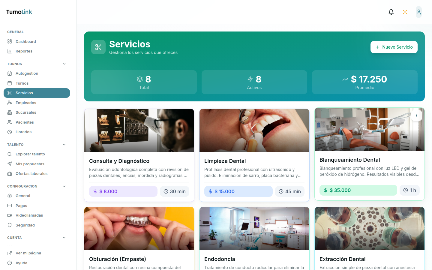 Página de servicios con 8 tratamientos dentales configurados con fotos y precios
