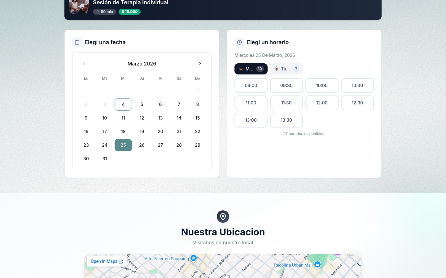 Calendario de reservas con fecha seleccionada y 17 horarios disponibles mañana y tarde
