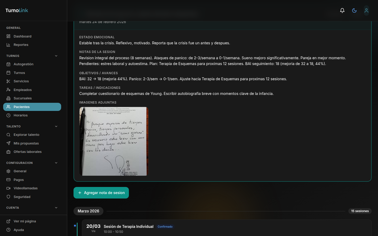 Nota de sesión expandida con estado emocional, notas clínicas, objetivos e imagen adjunta