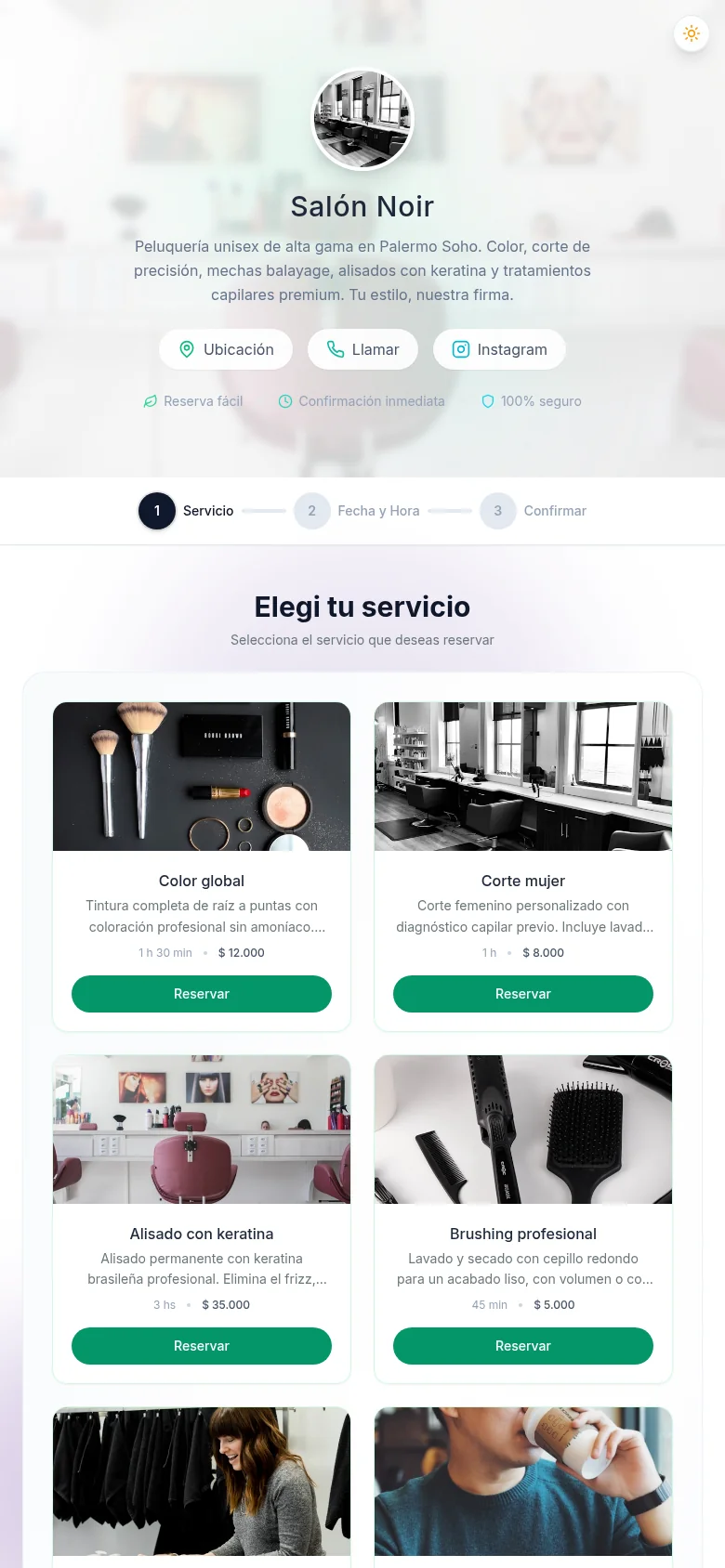 Salón Noir — vista móvil de reservas de belleza