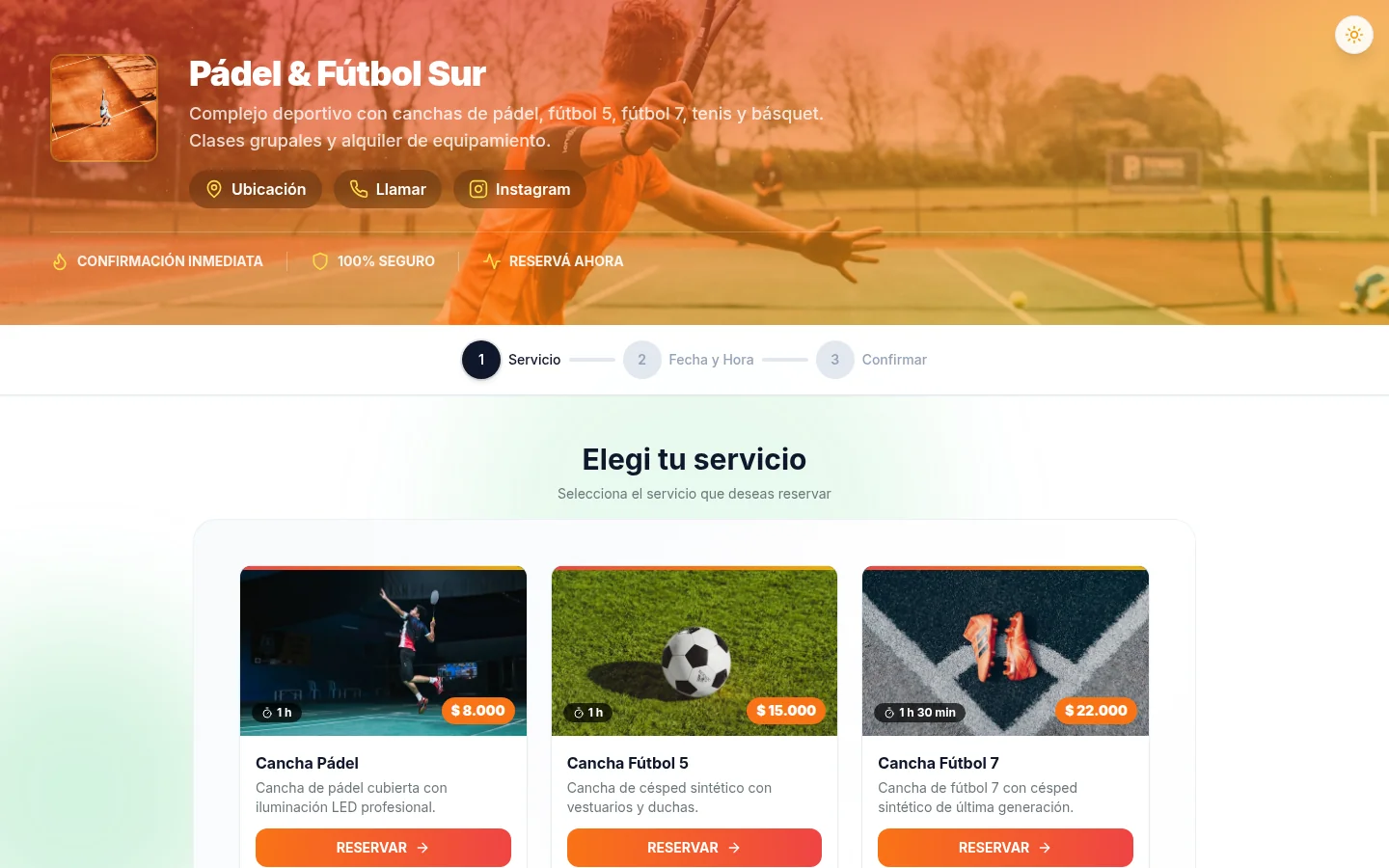 Vista completa del sistema de reservas para complejo deportivo